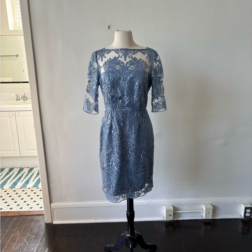 Tahari by Arthur Levine Lace and Sequin Dress Baby Blue Size 8P - Picture 2 of 11